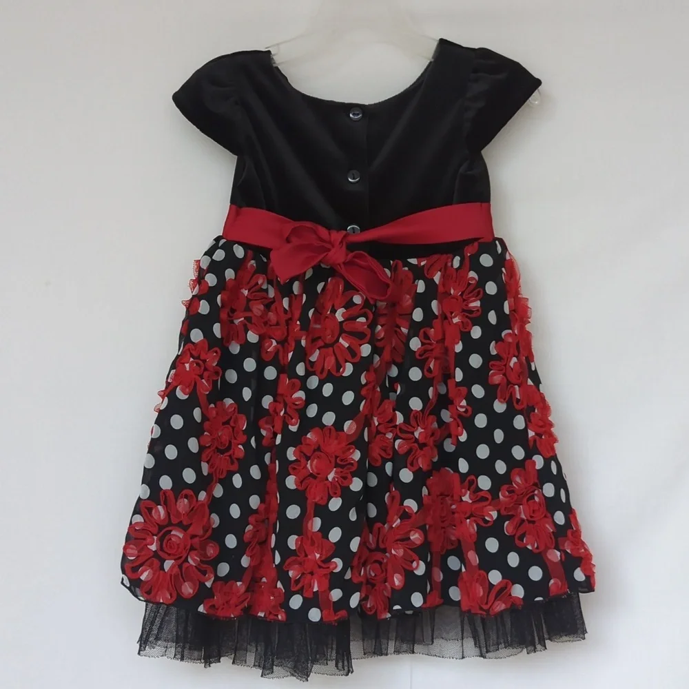 YOUNGLAND | Toddler Girls Festive Black, White, & Red Floral Dress, Size 3T